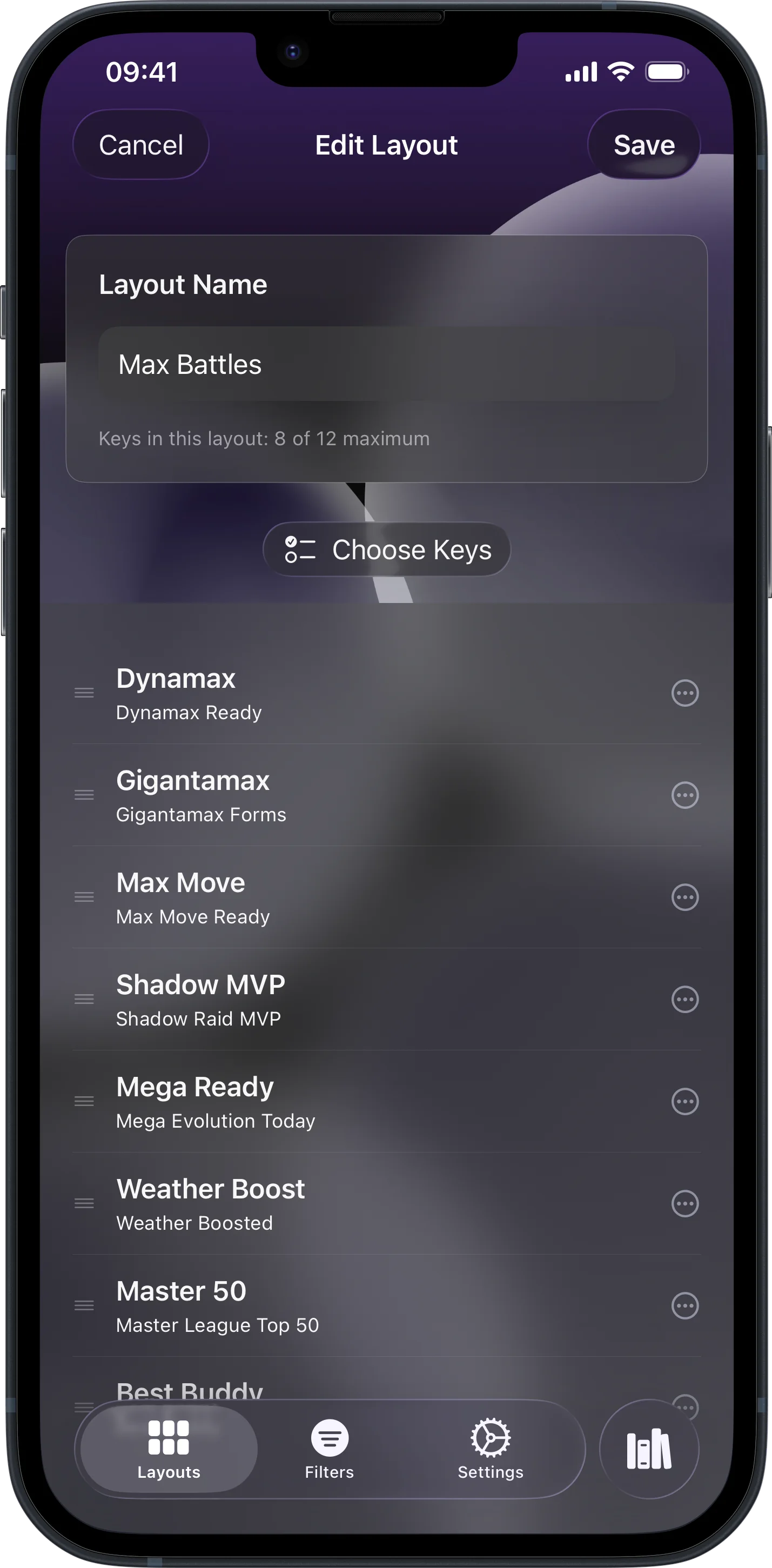 LensDex keyboard extension layout editor in dark mode for Pokémon GO