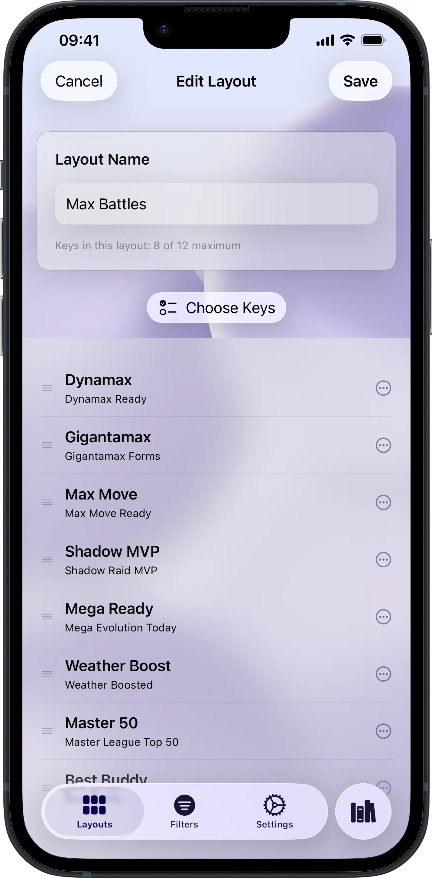 LensDex keyboard extension layout editor in light mode for Pokémon GO