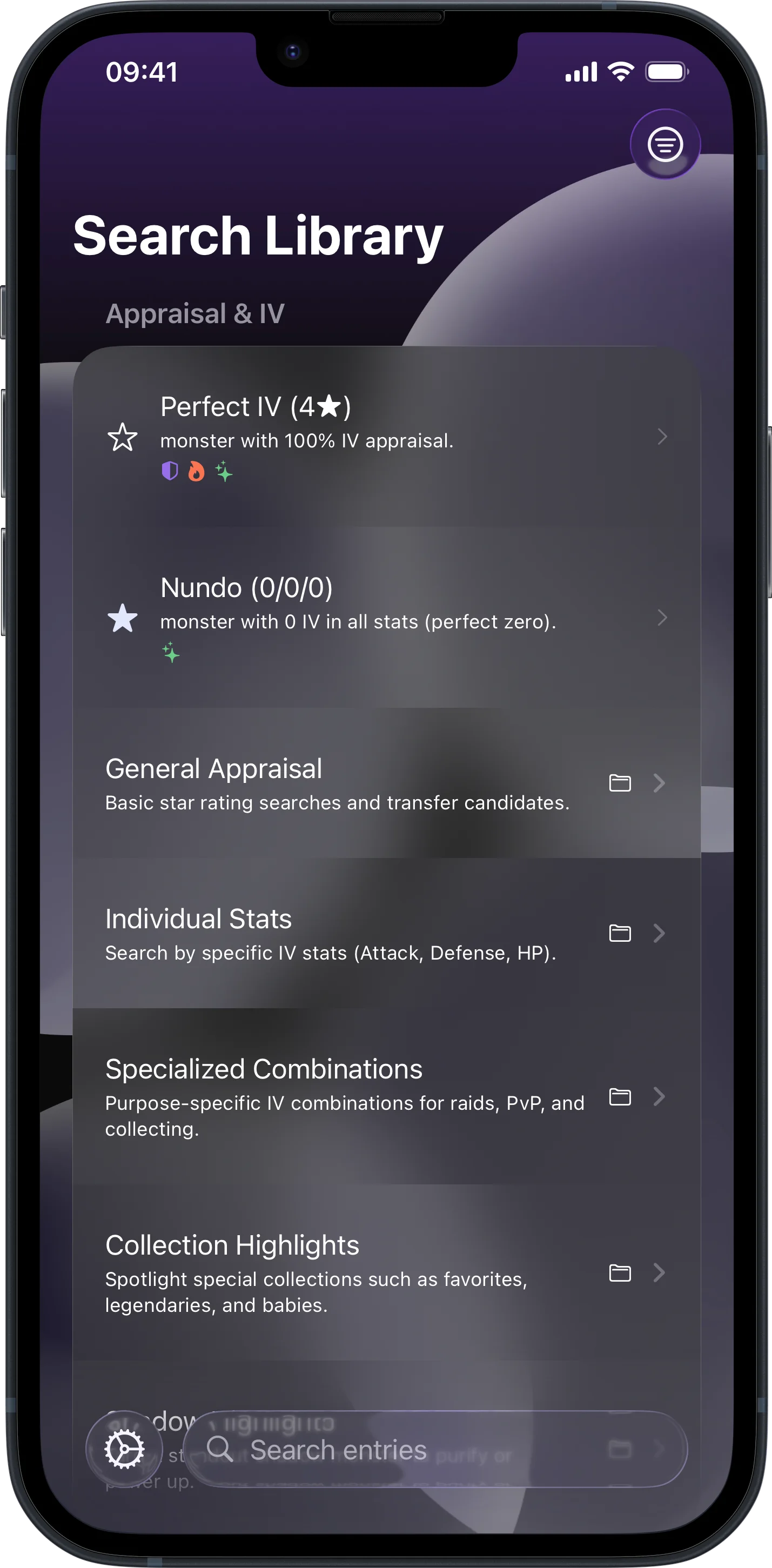LensDex keyboard extension search library in dark mode for Pokémon GO