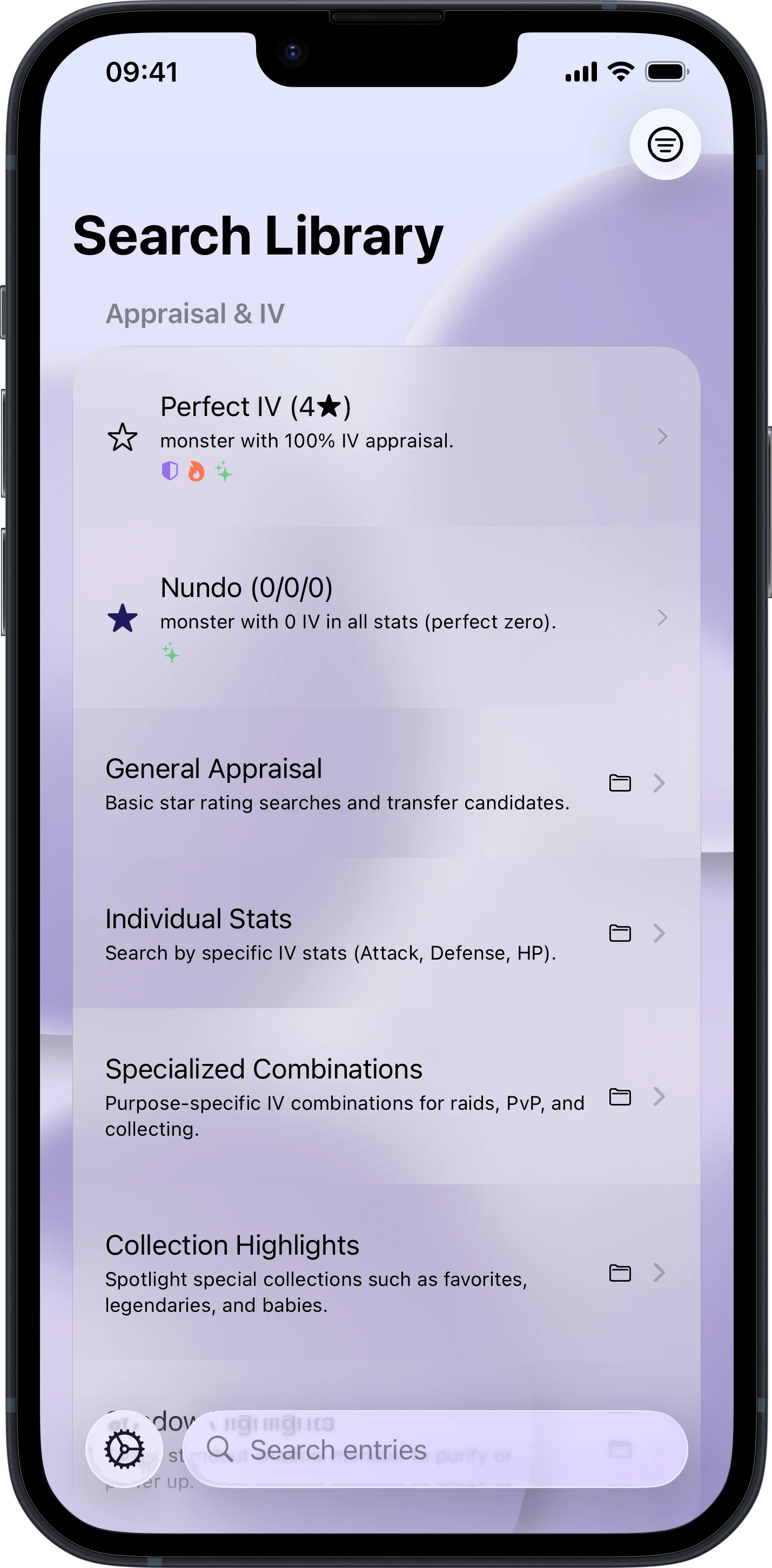 LensDex keyboard extension search library in light mode for Pokémon GO