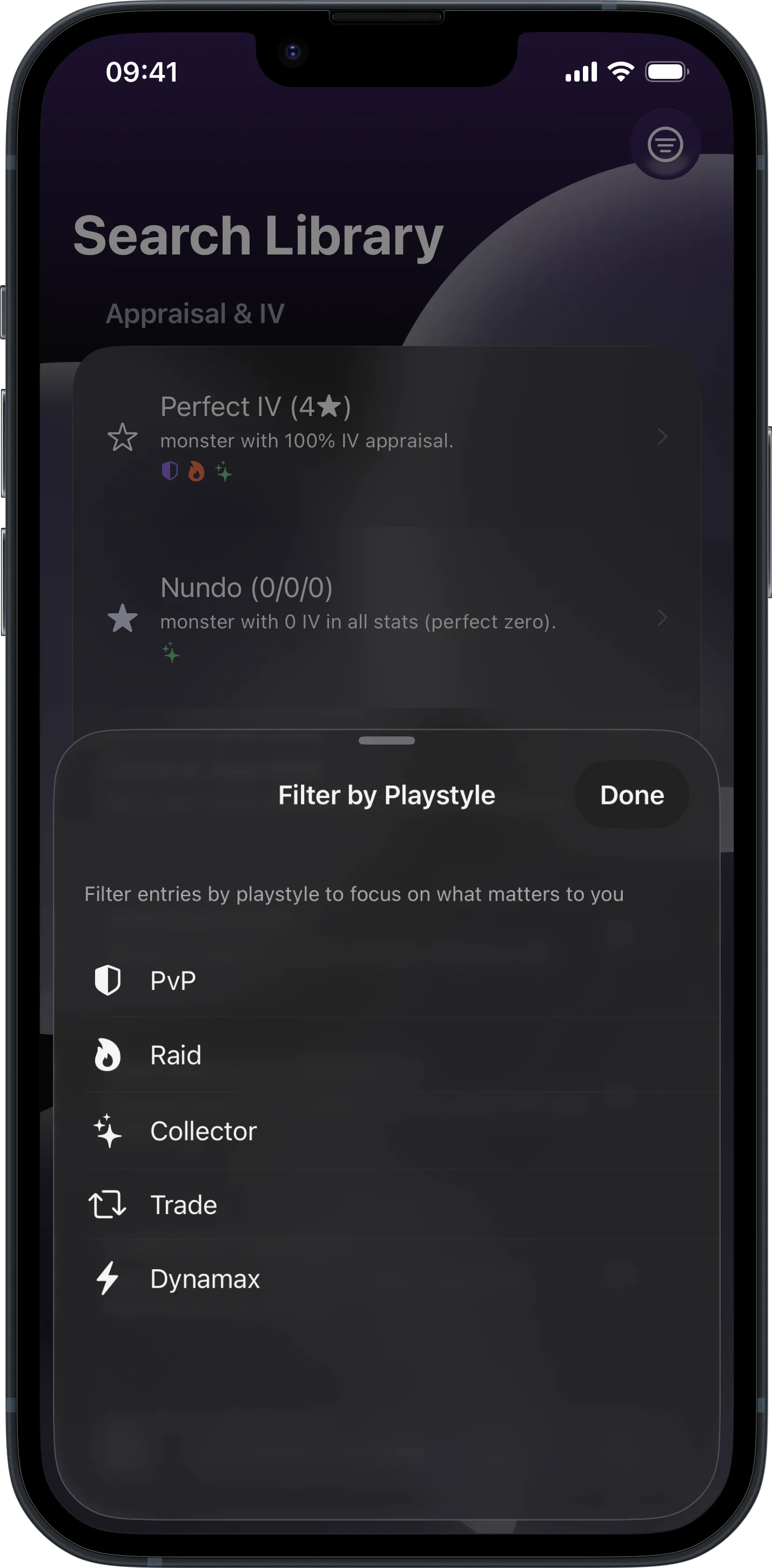 LensDex keyboard extension search library filters in dark mode for Pokémon GO