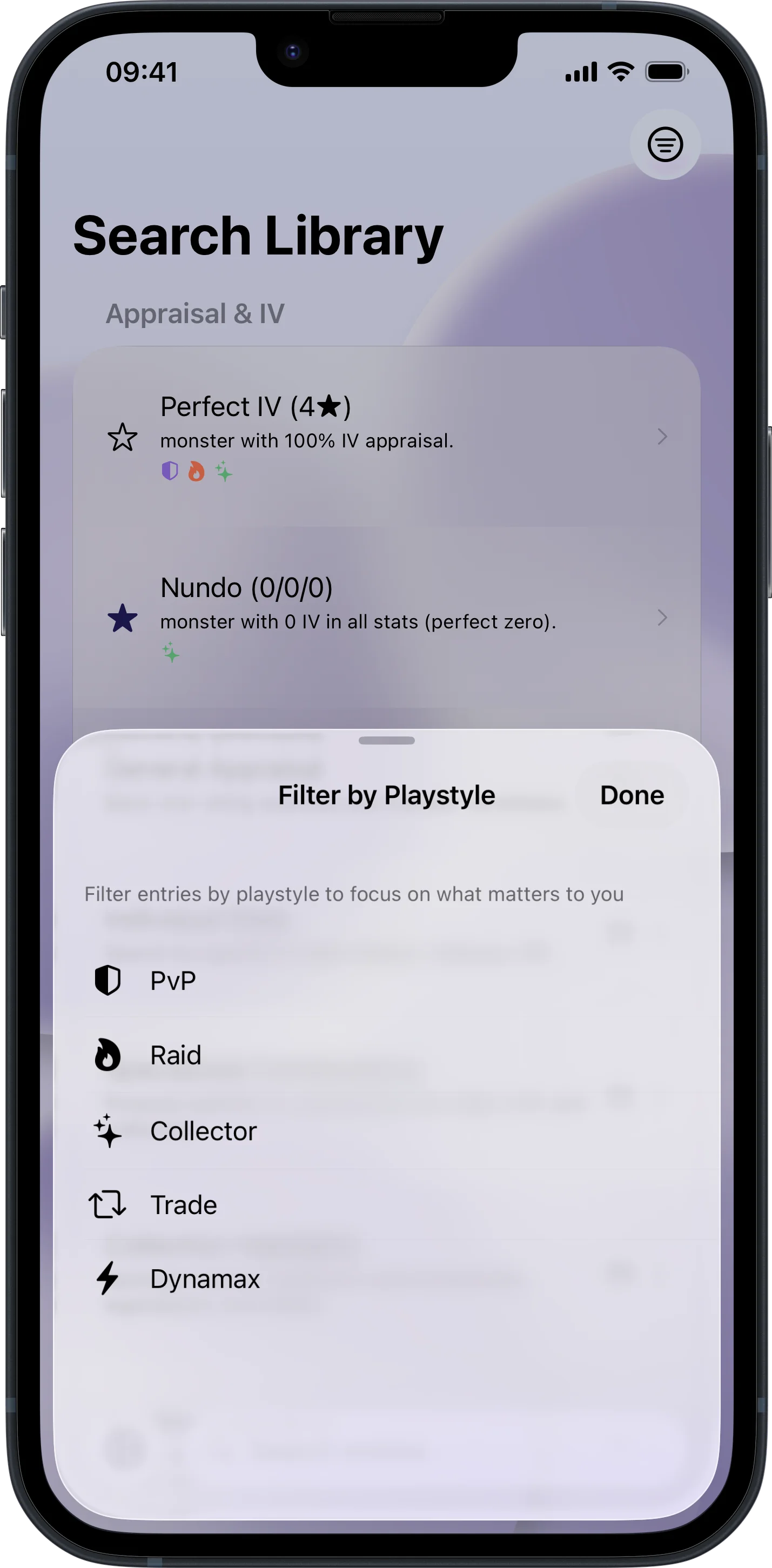 LensDex keyboard extension search library filters in light mode for Pokémon GO