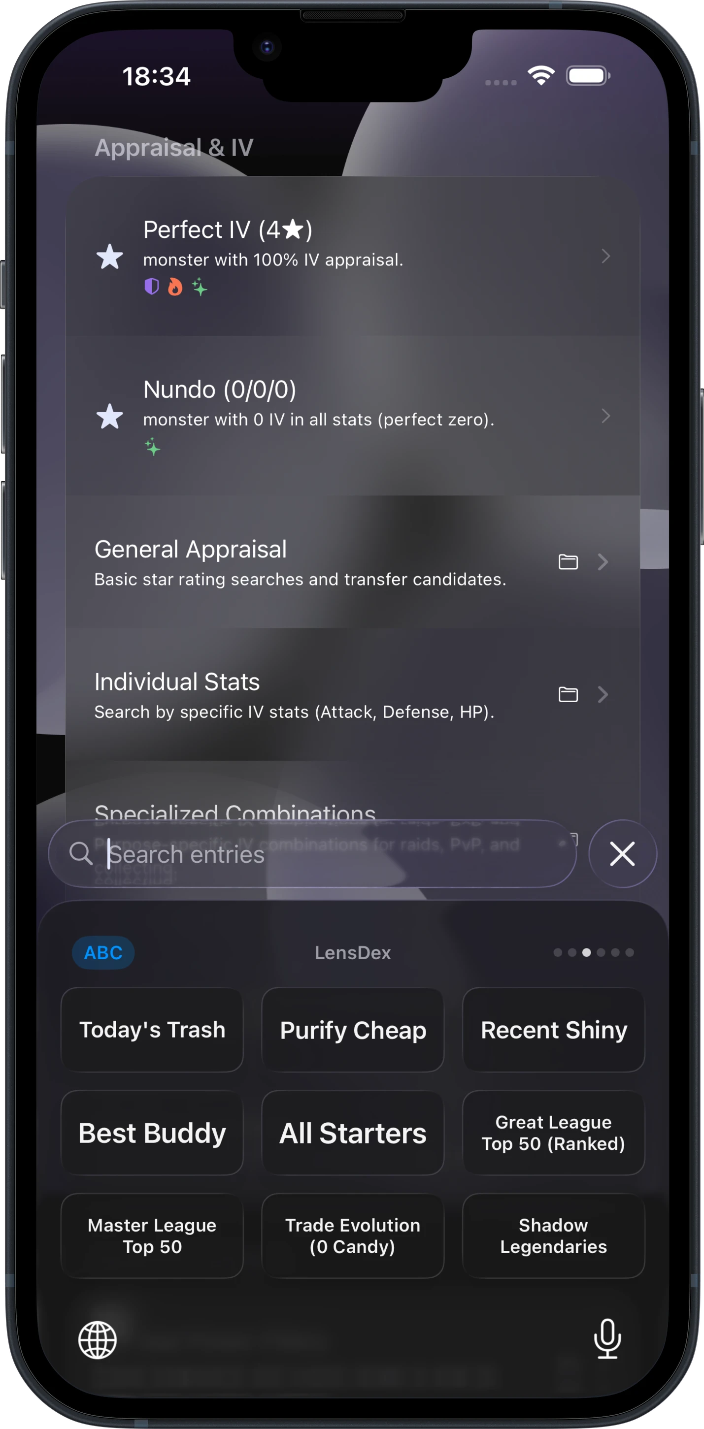 LensDex keyboard extension detailed view in dark mode for Pokémon GO