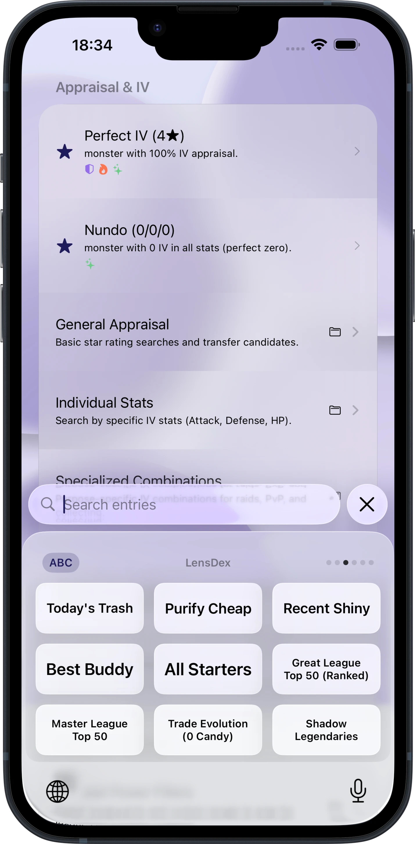 LensDex keyboard extension detailed view in light mode for Pokémon GO