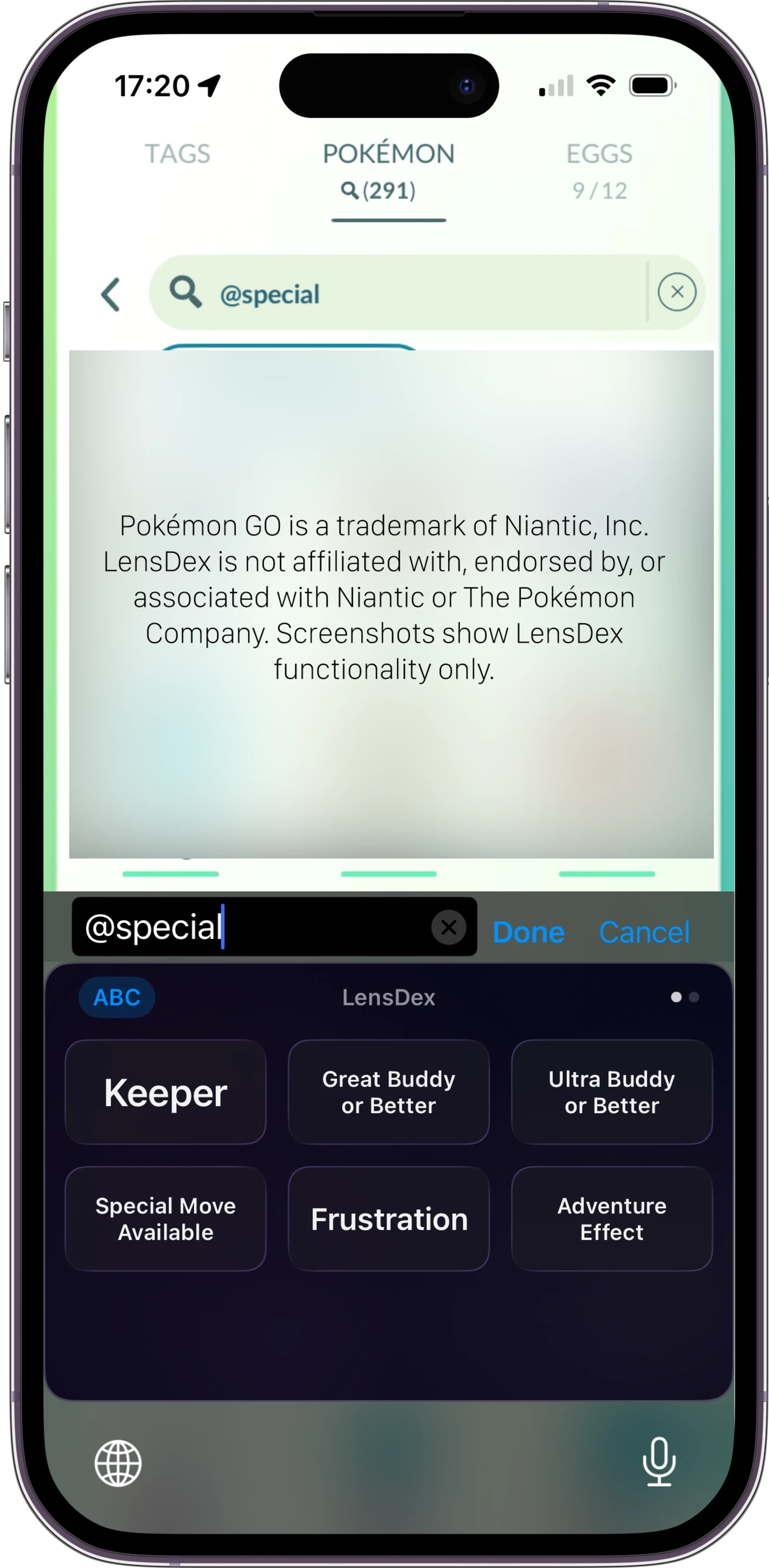 LensDex in-game website overlay in dark mode for Pokémon GO