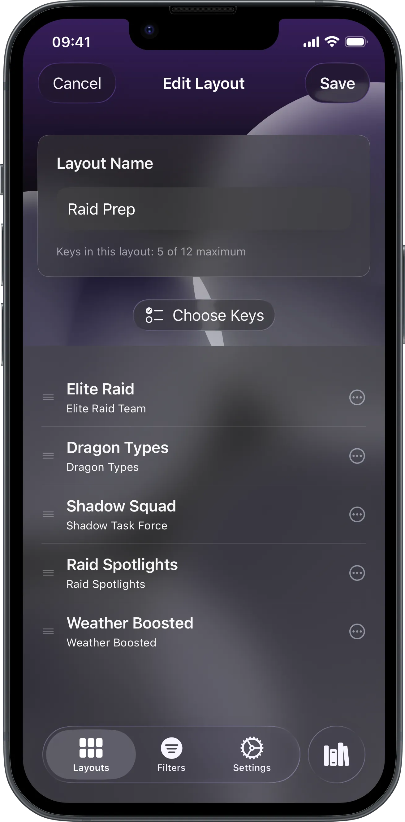 LensDex app screenshot in dark mode showing saved search keys