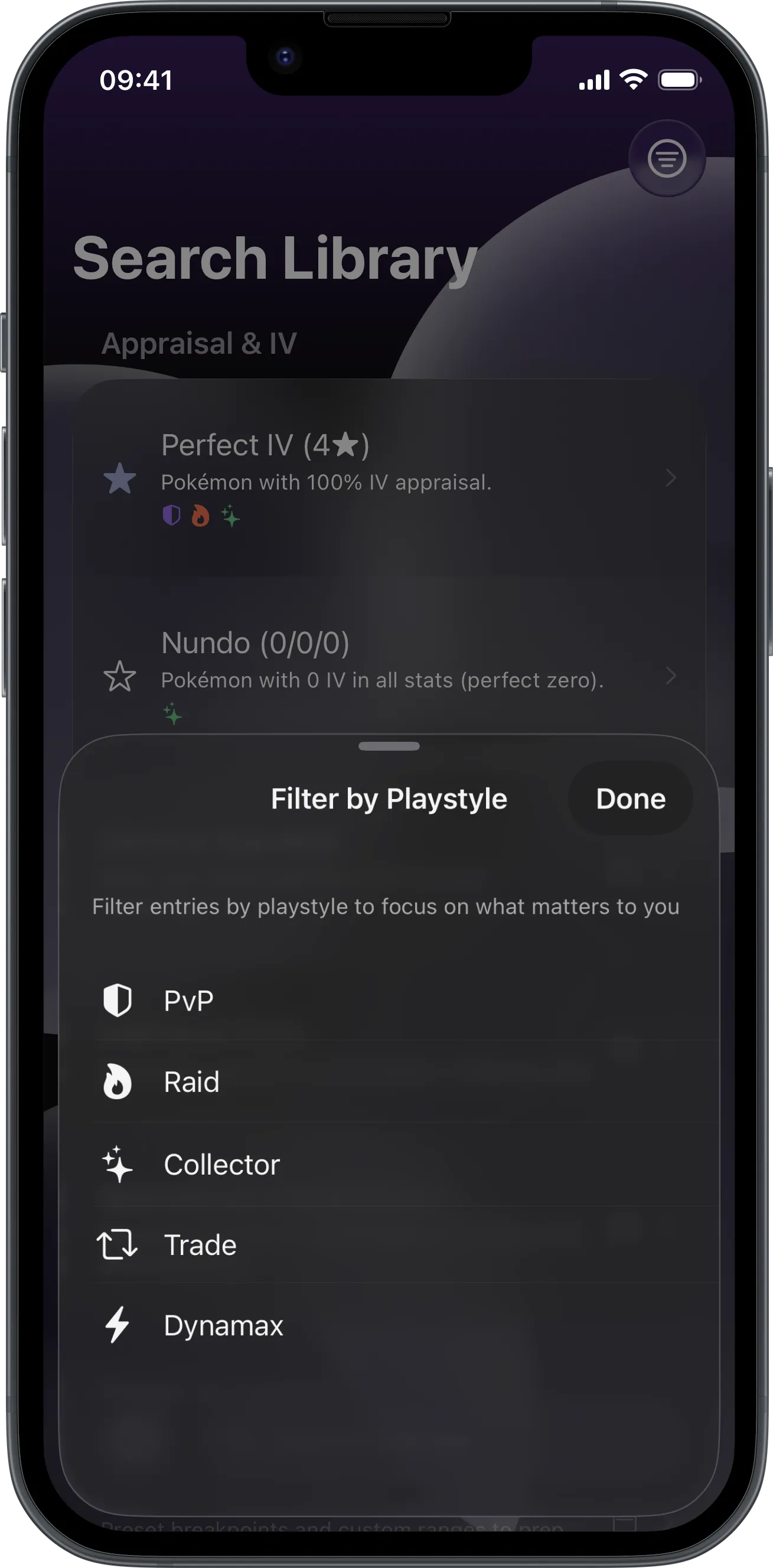 LensDex app screenshot in dark mode showing different search keys