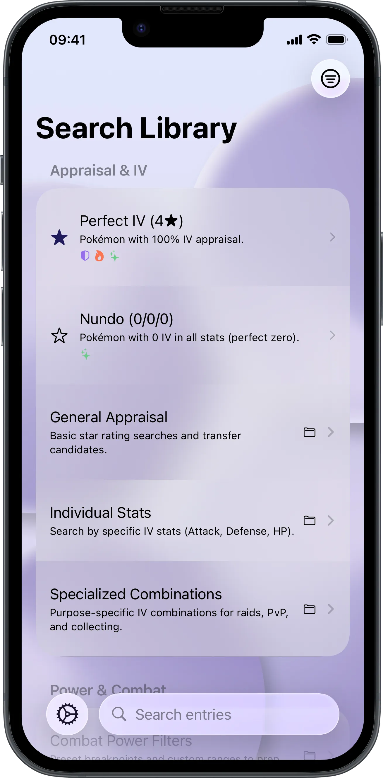LensDex app screenshot in light mode showing different search keys